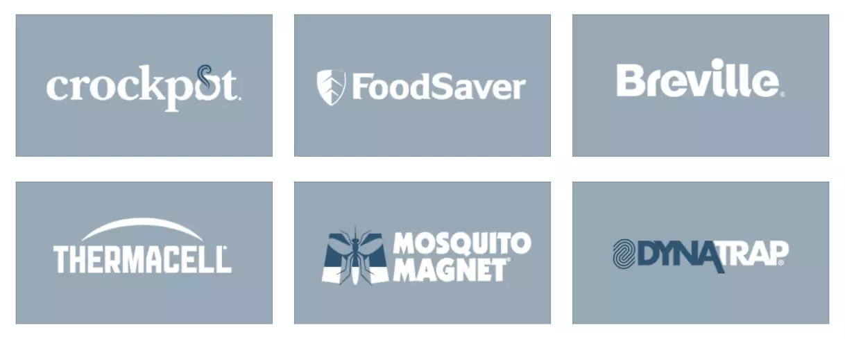 En bild med logotyper för märkena Crockpot, FoodSaver, Breville, Thermacell, Hoover's Rugged, och Dynatrap.