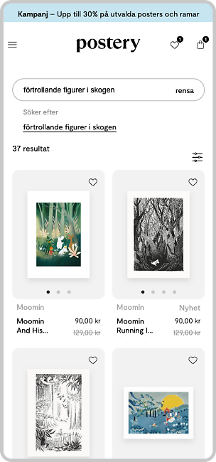 Screenshot av Posterys AI sök där sökresultatet visar posters på Moomin när man söker på "förtrollande figurer i skogen".