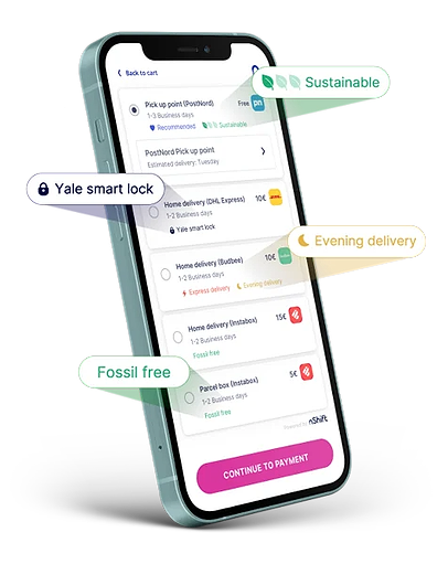 iPhone mockup showing nShift and various delivery options