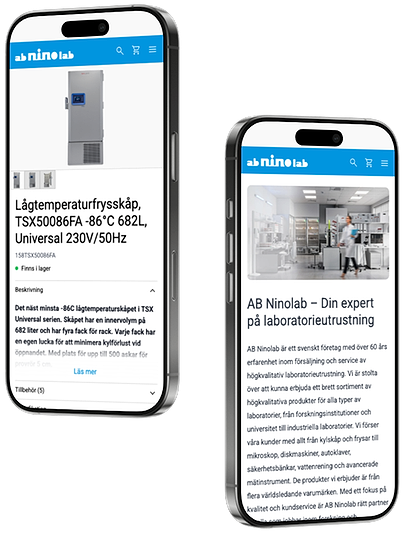 Mockup av två mobiler med Ninolabs nya webbshop på skärmarna.