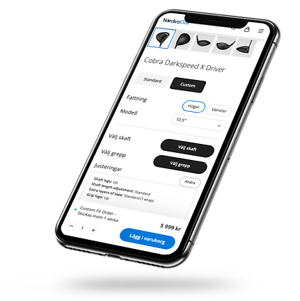 Svävande iphone mockup med Nordica Golfs e-handel på skärmen