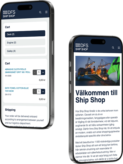 Mobilvy av DFS Ship Shops e-handelsplattform, som visar avdelningsspecifika kundvagnar och en användarvänlig design för smidigare inköp inom sjöfarten.