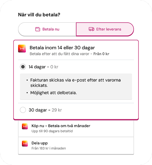 Screenshot of Walley Checkout's payment options