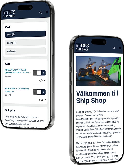 Mobile view of DFS Ship Shop's e-commerce platform, showing department-specific carts and a user-friendly design for smoother purchases within maritime services.