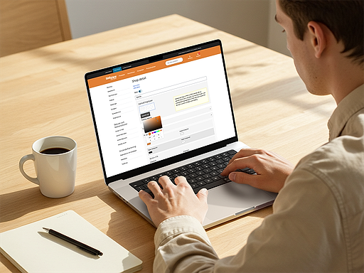 En person arbetar i Toolshops administrationsgränssnitt på en laptop och justerar färger och logotyp för sin webbshop.