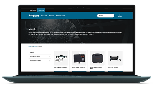 Laptop som visar Toolstore e-handel med Mareld-produkter och kategoriöversikt.