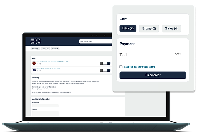 DFS Ship Shop's e-commerce platform in desktop view, showing a cart with department-specific carts and a simplified checkout for smoother purchases.
