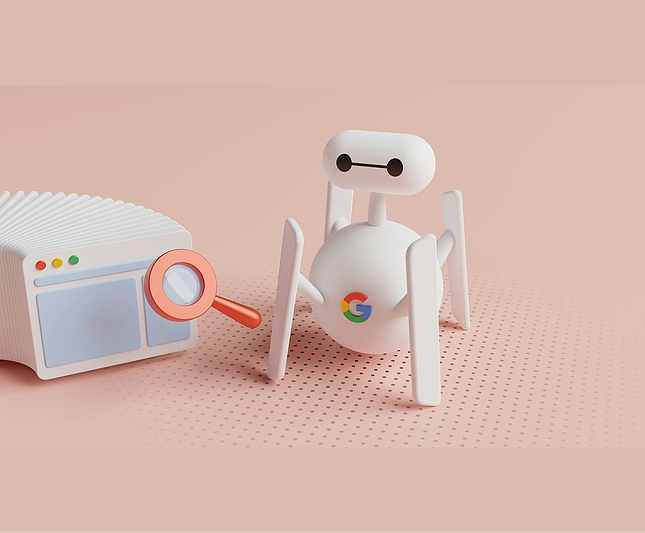En SEO robot med Google symbol som står bredvid ett förstoringsglas