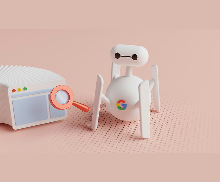 En SEO robot med Google symbol som står bredvid ett förstoringsglas